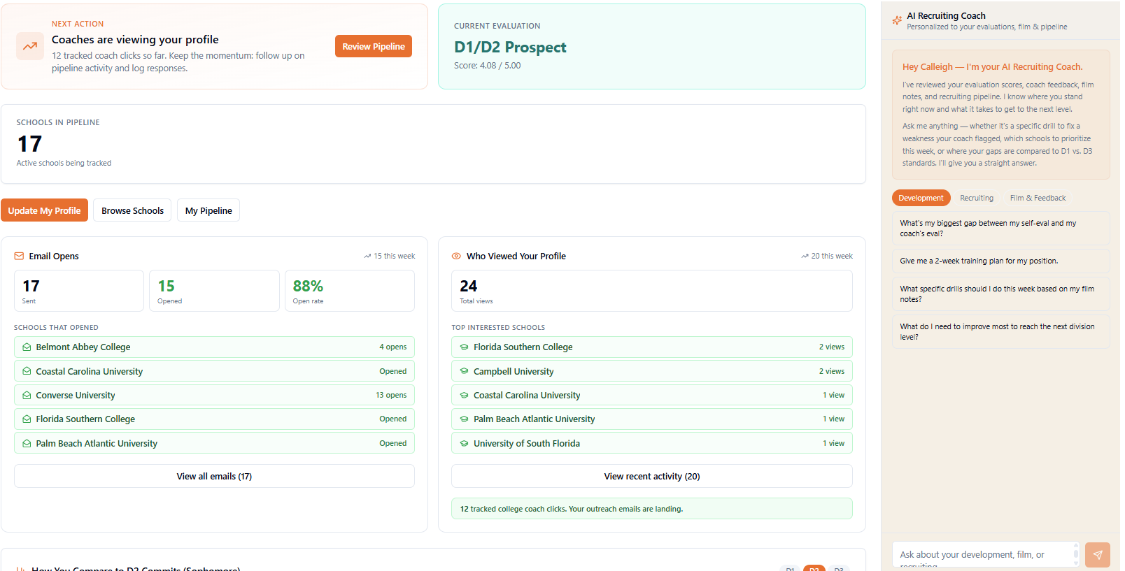 Athlete recruiting dashboard