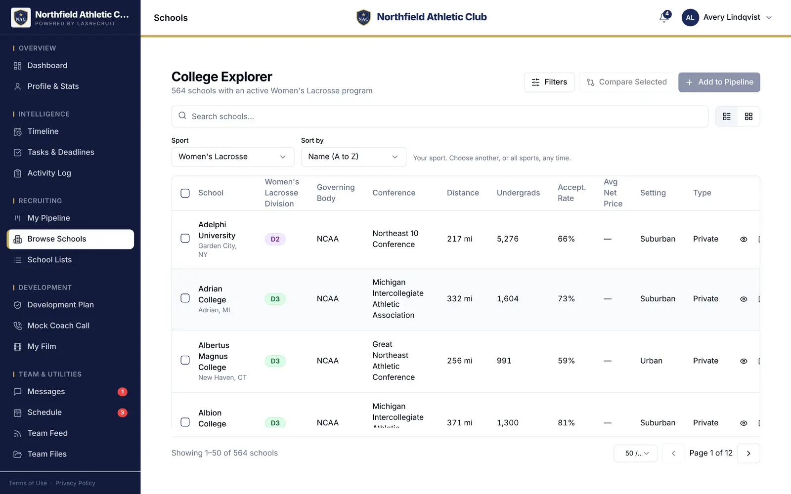LaxRecruit College Explorer filtered to schools with an active program in the athlete's sport, with division, governing body, conference, distance and admissions facts.