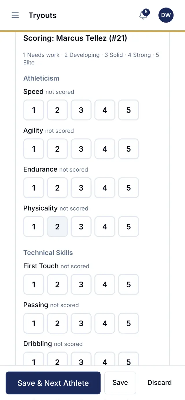 Scoring an athlete at a tryout on a phone in LaxRecruit: one to five ratings by skill, with Save and Next Athlete.